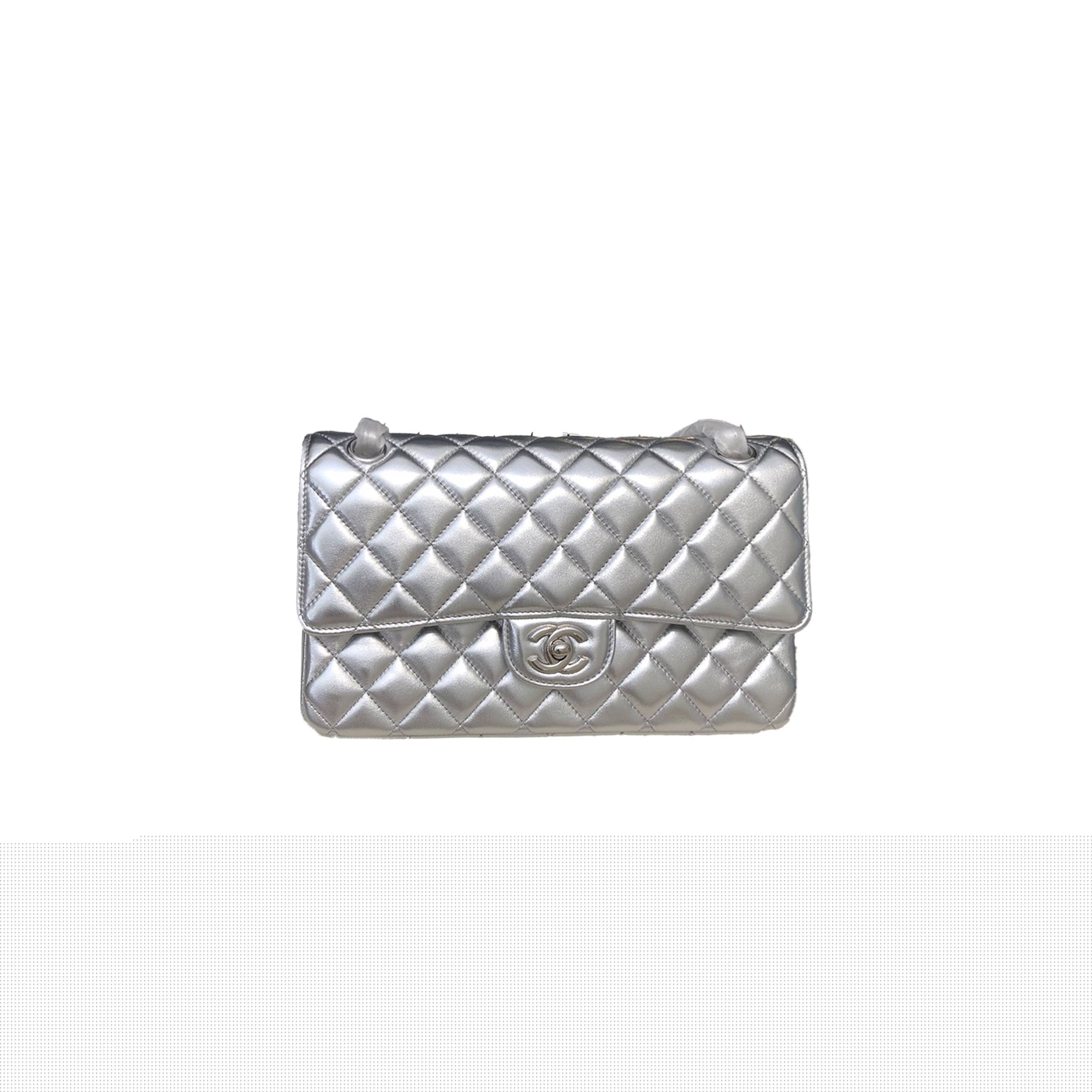 Ch*el silver quilted leather medium classic double flap bag a1112 (25*15*6cm)